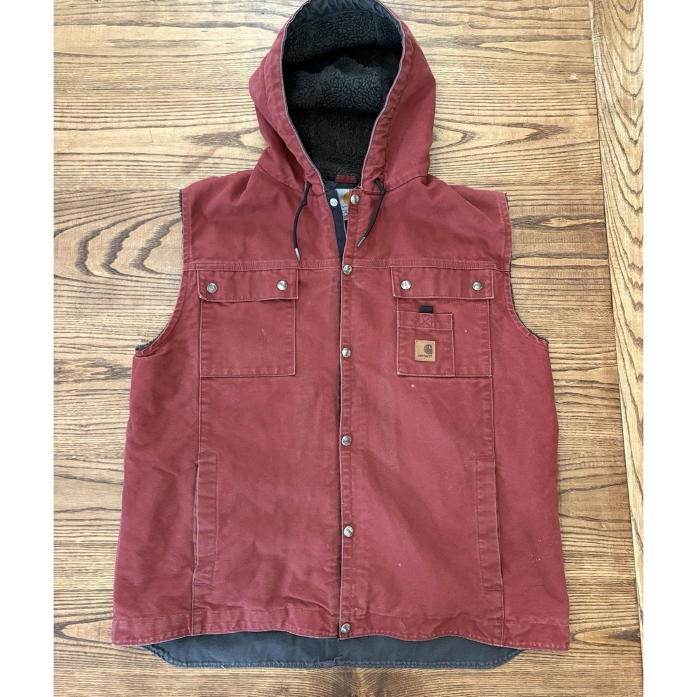 Carhartt Vest Mens XL Red Sandstone Hooded Multi-Pocket Sherpa Lined Work 100114